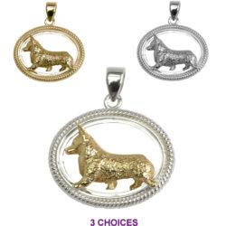 Pembroke Welsh Corgi Trotting in 14K Gold or Sterling Silver Braided Oval Jewelry Pendant Charm